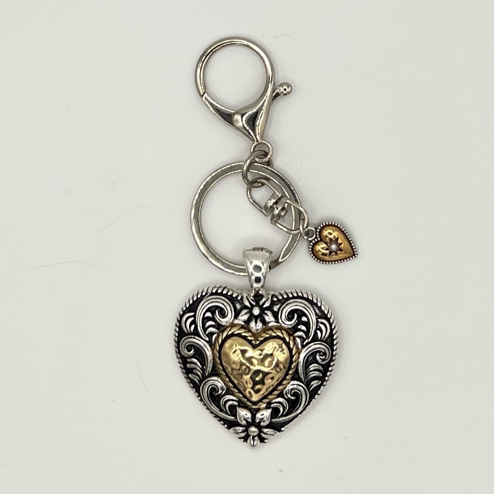 Mixed Metal Heart Keychain with Gold Tone Accent